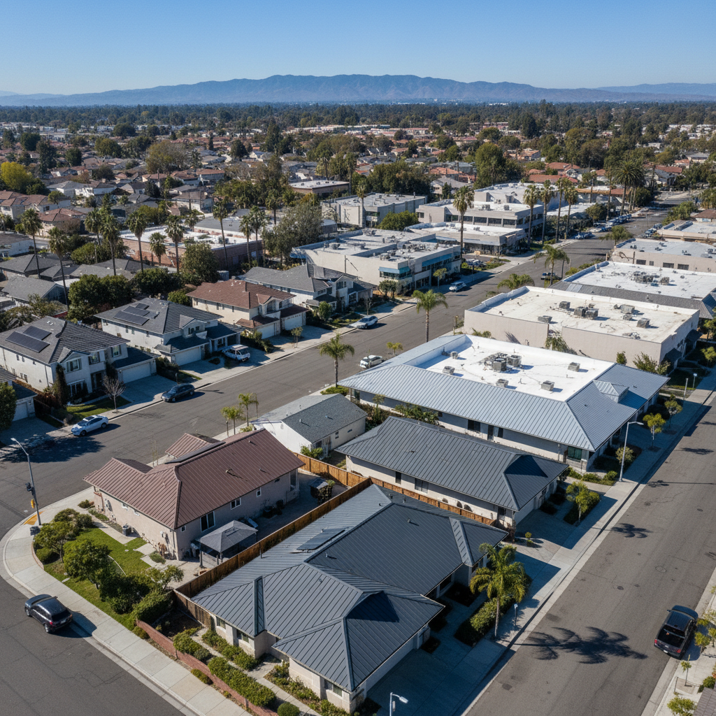 A dramatic, wide-angle aerial view of a mixed-use California street with both residential homes and low-rise commercial buildings, all featuring pristine, recently renovated roofs in various materials: asphalt shingles, standing seam metal, and flat membrane systems. The scene is bathed in clear midday sunlight, creating crisp shadows and vibrant colors while retaining photographic realism. The roofs look uniformly clean, with visible vents, skylights, and HVAC units neatly integrated. Mountains or distant hills sit faintly on the horizon under a clear blue sky. The composition uses a bird’s-eye perspective with strong diagonal rooflines leading through the frame, conveying scale, capability, and versatility for a roofing and construction company that handles both residential and commercial projects.