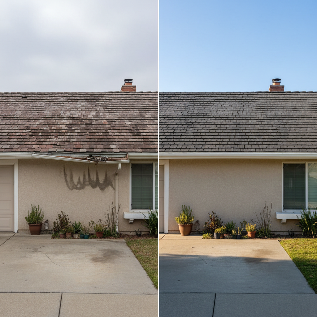 A compelling before-and-after split composition of a California home’s roof from the same angle, designed in photographic realism. On the left, the roof appears aged and storm-damaged, with curling, faded shingles and subtle evidence of past leaks, under a slightly overcast sky. On the right, the same roof is fully replaced with deep gray architectural shingles, crisp ridge lines, fresh flashing, and a spotless gutter system, now under clear, brighter daylight. A thin, clean vertical divider separates the two halves while the house façade, driveway, and minimal landscaping remain constant, highlighting the transformation. Shot at eye level with consistent framing and sharp focus, the mood is confident and solution-oriented, ideal for illustrating repair and restoration results.